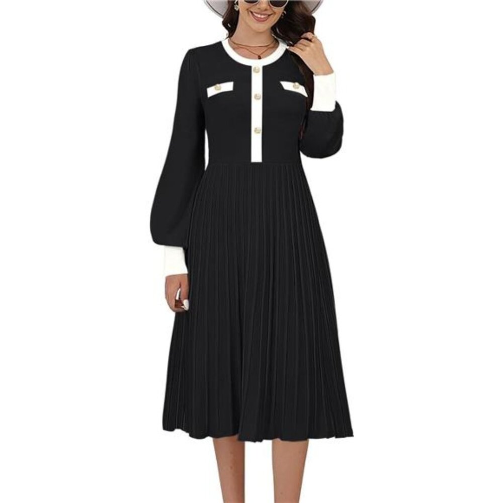 Women's Casual Long Sleeve Midi Dress Button Pleated A Line Ribbed Knit Dress